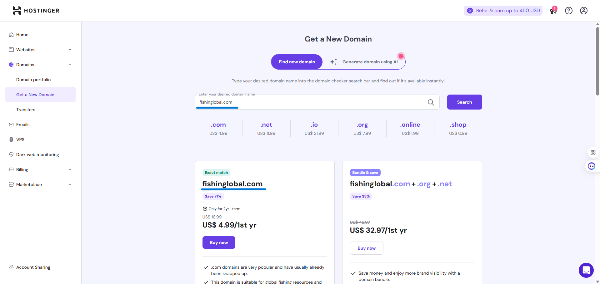 Hostinger domain